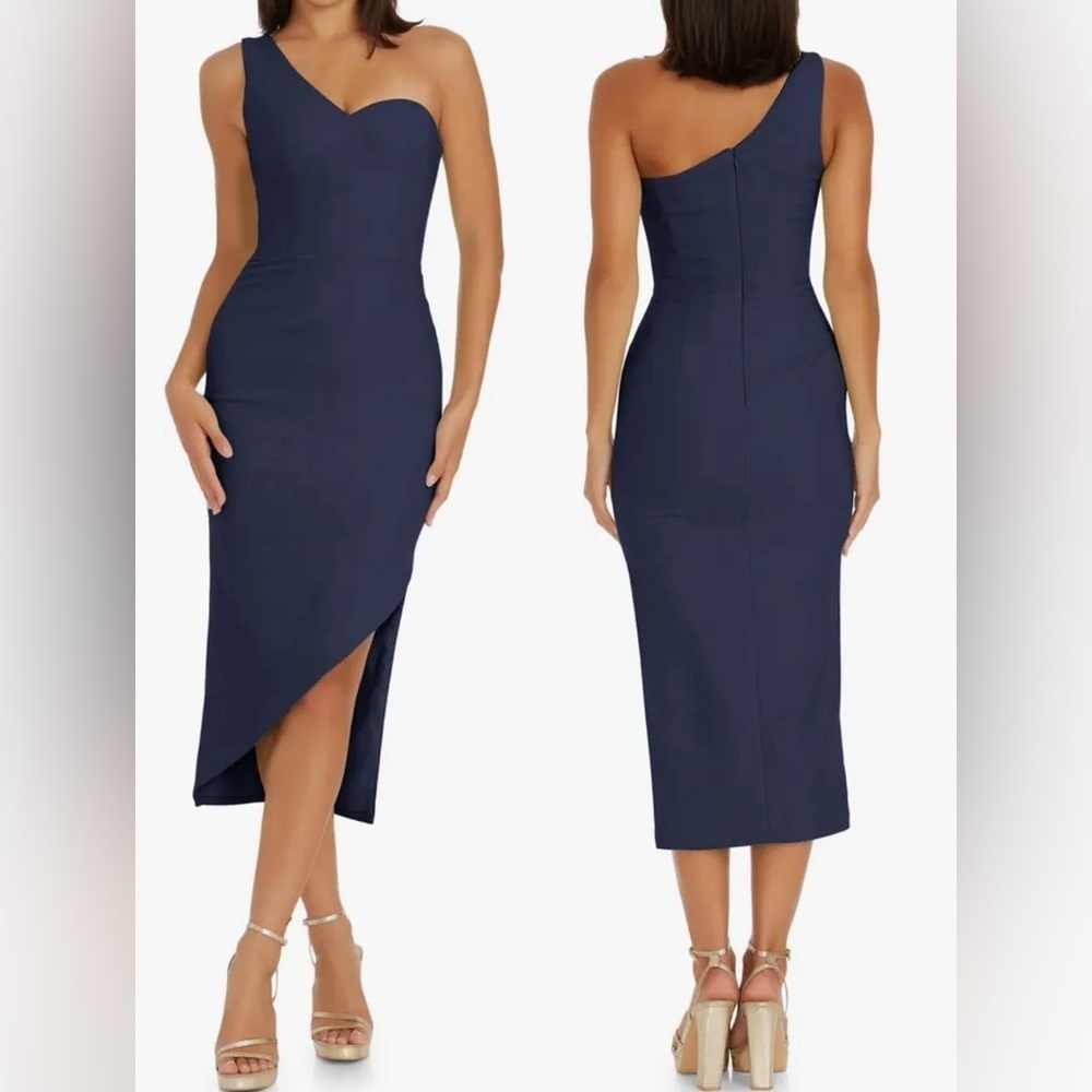 NWOT Dress the Population Magnolia One Shoulder Asymmetric Midi navy Dress xs